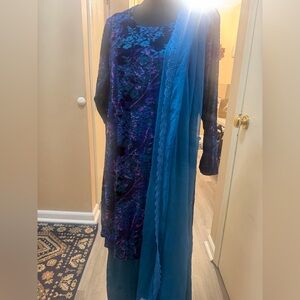 Blue and Purple Floral Dress with Lace Detail palachi Indian Pakistani dress
